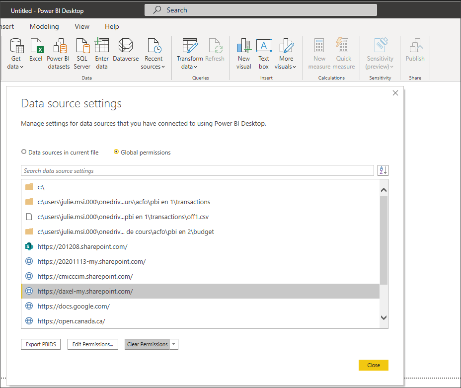 Data Source Settings window in Power BI Desktop